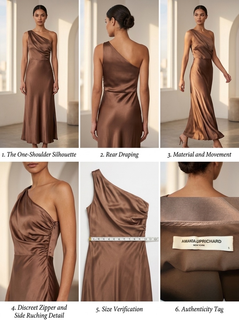 Amanda Uprichard One-Shoulder Silk Dress in Bronze Brown